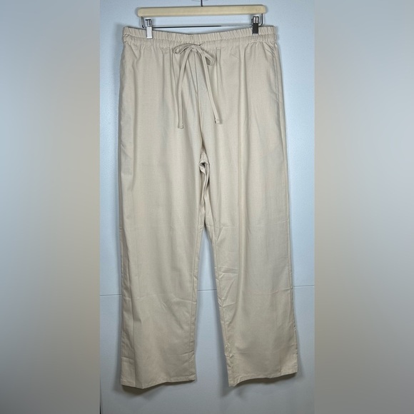 NWT Cream Straight Leg Linen Blend Pants w/ Elastic Waist and Relaxed Fit. XL - Picture 1 of 10